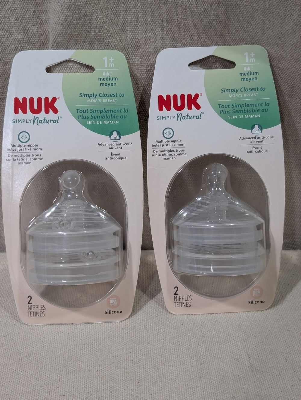Bundle 2 packs (4 Nipples) NUK Simply Natural Bottle Nipples Silicone Med 1+mos